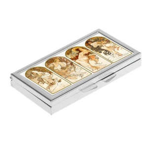 PILL BOX 7 Grid MUCHA art nouveau painting floral woman Metal Case Holder - Picture 1 of 3