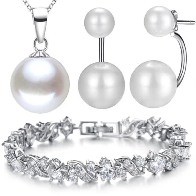 SCHMUCKSET 925 STERLING SILBER PERLEN KETTE OHRRINGE ARMBAND OHRSTECKER PERLE - Bild 1 von 4