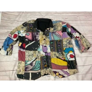 Vintage Abstrakt Patchwork Button Down Jacke Bohemian Mehrfarbig Muster - Bild 1 von 9