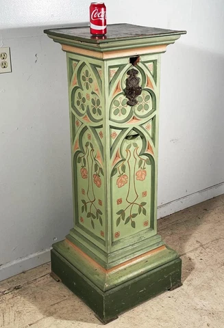 50" Tall Antique Hand Painted Wood Gothic Revival Church Display Pedestal Cover