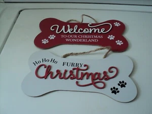 2 Christmas Dog Bone Wooden Welcome Sign, Puppy Paw Prints - 3D Lettering New - Picture 1 of 3