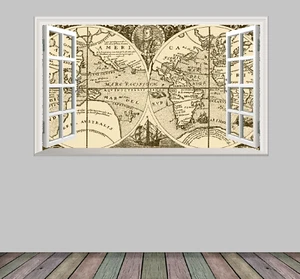 Vintage Distressed World Map Magic Window Adhesive Sticker Decal Print Poster - Picture 1 of 2