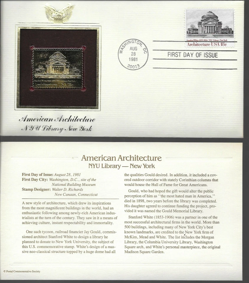 American Architecture-NYU Library-New York--1st day issue-Golden Replica - Image 1 of 1