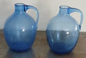 2 Blue Blenko Glass Jugs 7.4" Tall Vintage - Picture 1 of 24