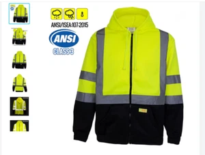 Hi Vis ANSI Class 3 Lime Safety Black Bottom Zip Up Fleece Hooded Sweatshirt 5XL - Picture 1 of 9