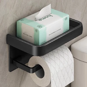 Toilet Paper Roll Holder Wall-Mounted With Mobile Phone Storage Bathroom Shelf - Picture 1 of 7