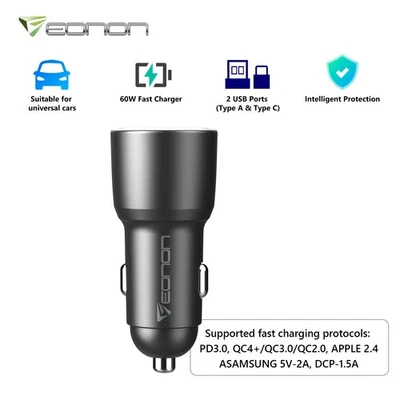 Adaptador Cargador Coche Puerto USB Tipo-C Negro A300 para Teléfono iPhone Samsung Android Foto 1 de 4