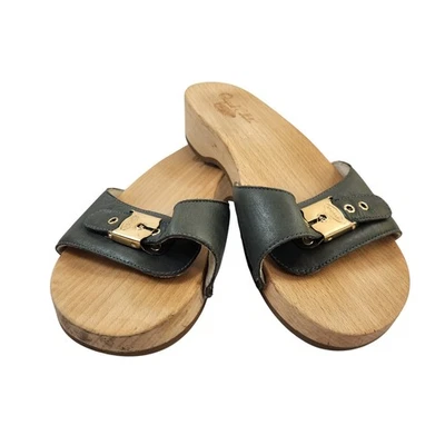 Sandalias Dr Scholls Gris Original Plataforma Madera Deslizable Mujer 10M Cuero Hebilla Foto 1 de 4