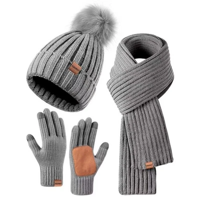 Hat Scarf and Gloves Set Ladies, Winter Beanie Hat for Women with Pom Pom Fleece