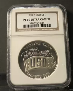1991 S USO Commemorative Silver Dollar NGC PROOF PF F69 UCAM - Picture 1 of 1