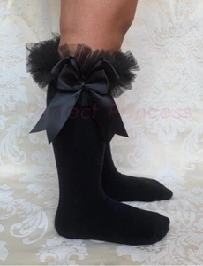 PERFECT PRINCESS Black Halloween Spanish Double Bow Knee High Tutu Socks/Witch - Picture 1 of 2