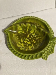 Vintage MCM Pottery Green Brown Yellow Leaf Ashtray USA - Picture 1 of 8
