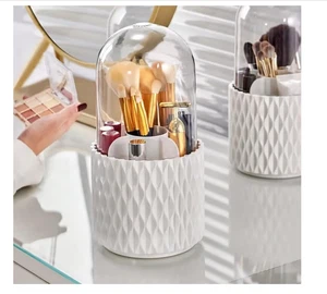 Sleek 360° Spinning Makeup Brush Holder, Cosmetic Tools Organizer with Lid - Picture 1 of 7