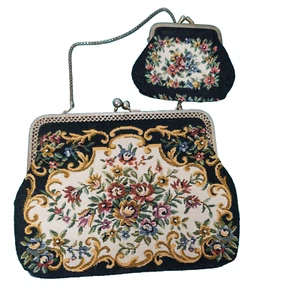 Vintage Tapestry Kiss Clasp Handbag and Coin Purse Hong Kong Black Cottagecore - Picture 1 of 9