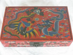 Old Chinese Red Lacquered Lether Box w/4 Claw Dragon & Phoenix. 13 3/8” x 8” - Picture 1 of 8
