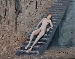 Oil Painting Nude Female Woman on Outdoor Stairs in Forest Landscape Art Piekny - Picture 1 of 2