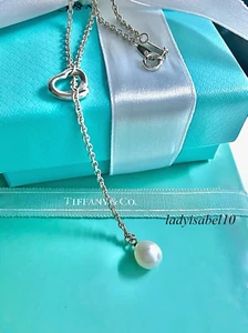 19" Tiffany & Co. Peretti Open Heart Pearl Lariat Thick Necklace Silver w/ Box - Picture 1 of 6