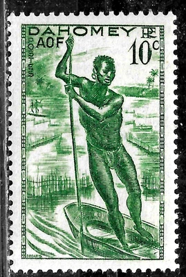 HICK GIRL- MINT FRENCH DAHOMEY STAMP   SC#116  1941  MAN POLING CANOE   L644 - Image 1 of 2
