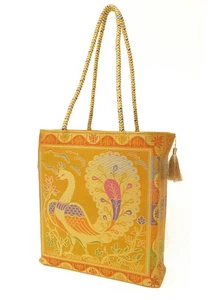 Mustard Handbag Indian Ethnic Peacock Woven Zari Brocade Fabric Shoulder Bag - Picture 1 of 7