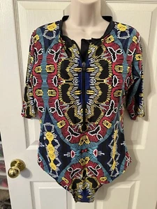 Women's Multi Color Half Zip Rash Guard Top Swimwear Size Extra Large One Piece - Picture 1 of 6