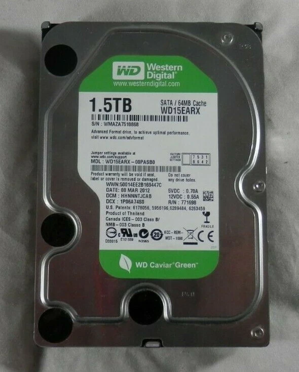 WD Caviar Green 1.5 TB,Internal,5400 RPM,3.5" (WD15EARX-00PASB0) Hard Drive - Image 1 of 1