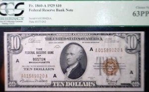 1929 PCGS $10 CHOICE NEW MS63 PPQ Boston National Bank Note CH CU Currency NR - Picture 1 of 6