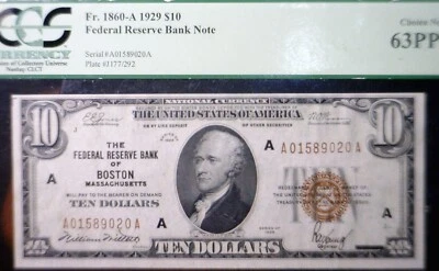 1929 PCGS $10 CHOICE NEW MS63 PPQ Boston National Bank Note CH CU Currency NR - Image 1 of 4