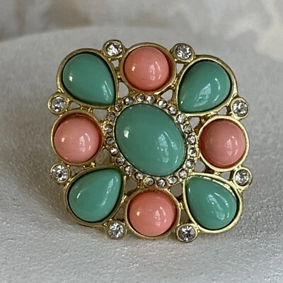 Park Lane Bohemian Ring Size 5 Satin Matte Gold Tone Mint Green Peach Accents - Image 1 of 4