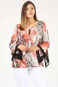 Plus Size Snakeskin Bell Sleeves Keyhole Print Blouse* 1XL - Picture 1 of 5