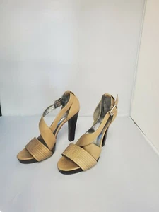 Calvin Klein Heels Size 8 Womens "Mirian" Nude Patent Ankle Strap Shoes EUC Gold - Picture 1 of 5