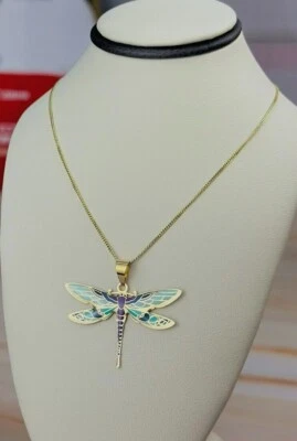 Collar Animal Colgante Libélula Oro Sólido 14K Pintado a Mano Azul y Púrpura Foto 1 de 4