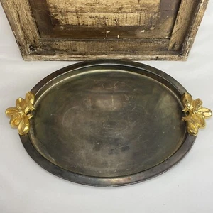 Vassoio da portata vintage placcato argento inciso fiocchi oro manici anniversario 16,5" - Foto 1 di 9