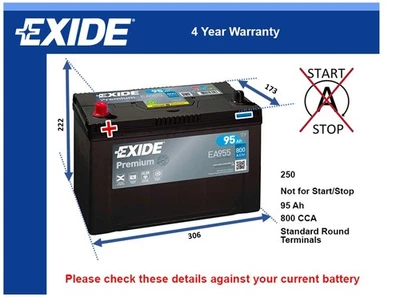 Battery fits MITSUBISHI L200 2.0 2.2D 2.5D 2.8D 1986 on Exide 250 800A 95Ah New - Image 1 of 4