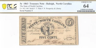 Low Serial #5 1863 5c North Carolina CR NC-148 Obsolete Currency PCGS UNC 64 GEM - Image 1 of 4