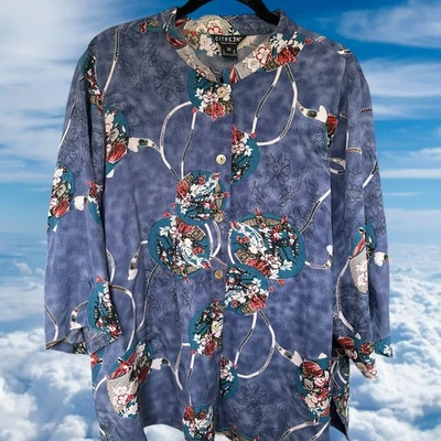 Blusa túnica CITRON SANTA MONICA azul estampado botón seda 2X Foto 1 de 4