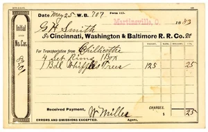 1883 Cincinnati Washington Baltimore Railroad Freight Bill Chillicothe Wagon - Picture 1 of 2