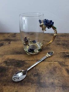 Peroptimist Flower Glass Tea Mug w Spoon Enamel Rose Butterfly Hot Cold Beverage - Picture 1 of 15