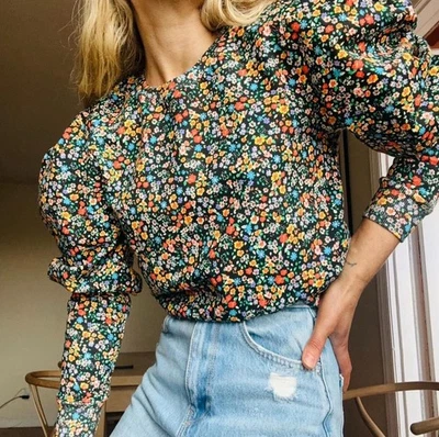 Zara花卉短上衣,泡泡袖,泡泡下摆花卉边 M #衬衫 — 第 1/4 张图片