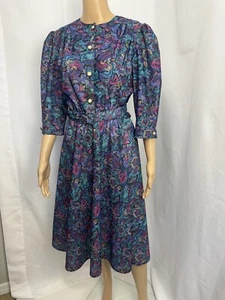 VTG 80s California Looks Floral Jacquard Belted Midi Dress Sz 10 Made USA Purple - Picture 1 of 22