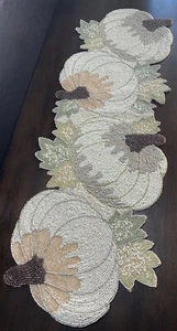NICOLE MILLER NEW!!! Beaded Pumpkin Fall Thanksgiving Table Runner 13” X 36” LUX - Picture 1 of 9
