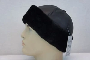 Black 100% Sheepskin Shearling Leather Fur Beanie Round Bucket Ski Hat S-3XL - Picture 1 of 8
