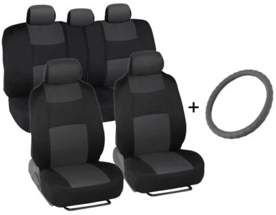 Fundas de asiento de coche delanteras/traseras + cubierta de volante de cuero de microfibra gris Foto 1 de 4