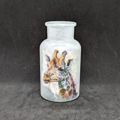 Hecho a mano, decoupage, pequeño jarrón de vidrio decorado con imágenes de una jirafa Foto 1 de 4