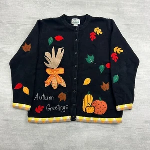 Vintage 90s The Quaker Factory Cardigan Sweater Size Large Black Autumn Leaves - Picture 1 of 5