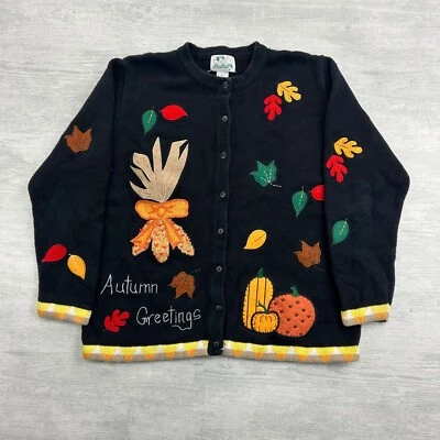 Vintage 90s The Quaker Factory Cardigan Sweater Size Large Black Autumn Leaves - Image 1 of 4