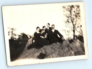 Vintage Photo 1930's, Friends In All Black On A Rock Blurry .5x3.5, B & W - Picture 1 of 2