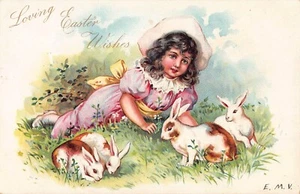 Easter Tuck Germany Girl Pink Dress Playing with Bunny Rabbits UDB - Picture 1 of 2
