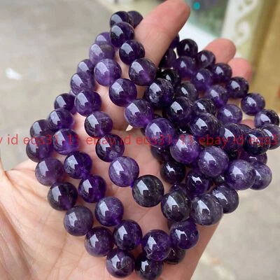 Lots 5 Pcs Genuine Natural 10mm Amethyst Round Gems Beads Elastic Bracelet 7.5'' - Image 1 of 4