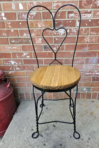 Vtg Black Wrought Iron Ice Cream Parlor Chair Heart Back Solid Wood Seat Cover
