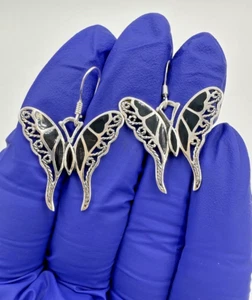 Beautiful Black Enamel Sterling Silver 925 Elongated Butterfly Earrings 0.9” - Picture 1 of 15